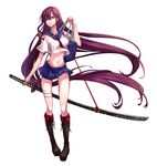  black_footwear boots braid crop_top crop_top_overhang cross-laced_footwear full_body highres jh katana knee_boots lace-up_boots long_hair midriff navel original parted_lips purple_hair red_eyes school_uniform serafuku simple_background solo sword weapon 