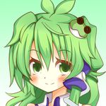  aki_chimaki bangs collar frog frog_hair_ornament green_eyes green_hair hair_ornament hair_tubes kochiya_sanae long_hair sleeveless smile snake snake_hair_ornament solo touhou 