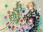  afloat alternate_hairstyle ayase_eli bamboo bangs blonde_hair blue_eyes blue_hair commentary_request floral_print geta hair_bun hair_ornament hair_up half-closed_eyes half_updo hand_on_another's_head japanese_clothes kimono looking_at_viewer love_live! love_live!_school_idol_project multiple_girls partially_submerged smile sonoda_umi star star_hair_ornament suito tanabata tupet water_yoyo wide_sleeves yellow_eyes yukata 