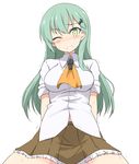  aqua_hair ascot breasts green_eyes hair_ornament hairclip kantai_collection kugui_kiyunemu long_hair medium_breasts one_eye_closed pleated_skirt school_uniform shirt short_sleeves skirt smile solo spread_legs suzuya_(kantai_collection) sweat 