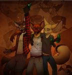  alcohol anthro beverage bottle canine clothed clothing drunk eyes_closed fangs fennec fox group half-closed_eyes hyena looking_at_viewer magenta7 male mammal open_mouth open_shirt smile standing teeth tongue 
