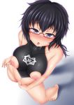  1girl black_hair blue_eyes blush breasts fingering girls_und_panzer glasses large_breasts nipples open_mouth oryou_(girls_und_panzer) saliva short_hair solo sweat 