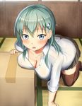  all_fours aqua_hair bangs black_skirt blue_eyes blurry blush box breast_rest breasts brown_legwear buttons cardboard_box cleavage collarbone collared_shirt depth_of_field eyebrows eyebrows_visible_through_hair frilled_skirt frills green_hair hair_between_eyes hair_ornament hairclip indoors kantai_collection large_breasts long_hair looking_at_viewer maku_ro miniskirt no_shoes on_floor pleated_skirt see-through shadow shirt skirt sleeves_folded_up solo suzuya_(kantai_collection) sweat tatami thighhighs white_shirt 