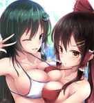  alternate_costume asymmetrical_docking bare_arms bare_shoulders bikini blue_eyes blurry breast_envy breast_press breasts brown_hair collarbone depth_of_field from_above green_hair hair_ribbon hakurei_reimu kochiya_sanae large_breasts long_hair looking_at_viewer medium_breasts multiple_girls one_eye_closed open_mouth ponytail red_bikini red_ribbon ribbon sideboob skindentation straight_hair swimsuit touhou toyosaki_shu upper_body v 