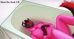  bathtub bodysuit canine charchu_(artist) clothing demon dog english_text fangs filthy_frank glowing glowing_eyes hellhound lying male mammal pink_guy red_nose skinsuit solo text tight_clothing 