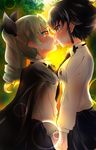  2girls anchovy black_hair blush brown_eyes drill_hair eyes_closed girls_und_panzer green_hair kiss pantyhose pepperoni_(girls_und_panzer) ribbon saliva school_uniform skirt tears tongue white_pantyhose yuri 