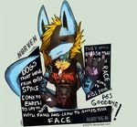  4_fingers anthro blonde_hair blue_eyes canine clothing devil_horns english_text eyebrow_piercing facial_piercing hair jackal lucario lyrics male mammal metal mohawk nintendo nose_piercing nose_ring pawpads piercing pok&eacute;mon red_fang shirt simple_background solo tattoo text tuft video_games w22374 