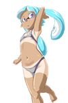  absurdres aqua_hair arm_behind_head bangs bikini black_bikini blue_eyes blunt_bangs domino_mask flat_chest highres inkling long_hair looking_at_viewer mask parted_lips pointy_ears shorts_tan sketch solo splatoon_(series) splatoon_1 standing swimsuit tan tanline tentacle_hair toraneko555 transparent_background 