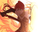  angry armor armored_dress bridal_gauntlets commentary fire green_eyes mefomefo pyrrha_nikos red_hair rwby shield solo sword upper_body weapon 