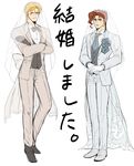  absurdres blonde_hair blush bridal_veil caesar_anthonio_zeppeli gloves highres jojo_no_kimyou_na_bouken kakyouin_noriaki male_focus multiple_boys red_hair sachiko_(rinana239) tuxedo veil 