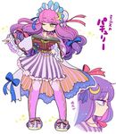  adapted_costume book bow crescent crescent_hair_ornament dress hair_ornament hair_ribbon hat heterochromia jewelry long_hair mashuu_masaki mob_cap necklace one_eye_closed patchouli_knowledge purple_eyes purple_hair ribbon slippers solo touhou tress_ribbon yellow_eyes 