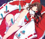  bow breasts brown_eyes brown_hair cleavage hair_bow hakurei_reimu japanese_clothes jitome knife legs long_hair looking_at_viewer looking_up magic_circle masao navel ofuda open_clothes panties skirt small_breasts solo thighs touhou underwear white_legwear white_panties 