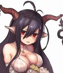  antenna_hair bandaged_arm bandages bangs blush breasts cleavage coppelia_(futamine) crescent danua draph dress gloves granblue_fantasy hair_between_eyes horn_ornament horns jewelry large_breasts long_hair necklace parted_lips pointy_ears purple_hair red_eyes solo stuffed_toy white_dress white_gloves 