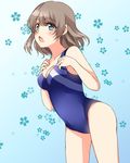  bare_shoulders blue_eyes breasts brown_hair cleavage competition_swimsuit fujisaki_kyouya hands_on_own_chest highres love_live! love_live!_sunshine!! medium_breasts one-piece_swimsuit short_hair solo standing swimsuit watanabe_you 