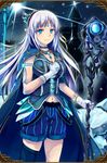  armband artist_request blue_eyes breasts cape castle choker cleavage eyebrows eyebrows_visible_through_hair gem gloves grand_sphere hairband highres jewelry large_breasts long_hair mismatched_legwear navel necklace pointy_ears shorts silver_hair sleeveless snow solo staff 