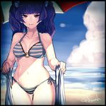  beach bikini black_border blue_hair border breasts cleavage gbmah highres light_smile looking_at_viewer medium_breasts navel ocean ootori_chacha parasol purple_eyes side-tie_bikini solo striped striped_bikini swimsuit tokyo_7th_sisters towel twintails umbrella 