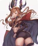  :d ass breasts brown_eyes cape coppelia_(futamine) covered_nipples cowboy_shot detached_sleeves from_behind gloves granblue_fantasy granblue_fantasy_(style) hairband head_wings highres large_breasts light_brown_hair long_hair long_sleeves looking_back official_style open_mouth shorts simple_background smile solo song_(granblue_fantasy) thighhighs white_background white_gloves 