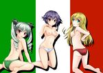  3girls anchovy ass black_hair blonde_hair blue_eyes blush breasts brown_eyes carpaccio drill_hair girls_und_panzer green_hair green_panties groin large_breasts multiple_girls navel nipples no_bra panties pepperoni_(girls_und_panzer) red_eyes red_panties underwear white_panties 