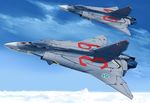  airplane blue_sky cloud commentary_request day fighter_jet highres jet macross macross_delta mecha military military_vehicle mizuki_(mizuki_ame) no_humans realistic science_fiction sky sv-262 svenska_flygvapnet sweden variable_fighter 