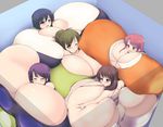  5girls artist_request black_hair blue_eyes blush breast_expansion breasts brown_hair crowded curvy elevator embarrassed female gigantic_breasts green_hair long_hair multiple_girls pink_hair ponytail purple_hair stuck tagme tired twintails 