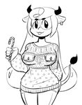  anaugi animal_humanoid black_and_white bovine candy candy_cane clothing cow_humanoid ear_piercing easy_access female food horn humanoid klara_(monster_girl_gamu) mammal monochrome monster_girl_gamu piercing solo sweater tongue tongue_out 