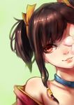  bare_shoulders brown_hair choker flower green_background hair_ribbon head_tilt highres koutetsujou_no_kabaneri mumei_(kabaneri) orange_eyes pantie_painting parted_lips ribbon sidelocks simple_background smile solo twintails upper_body yellow_ribbon 