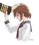  admiral_(kantai_collection) artist_name brown_eyes brown_hair crying dated frown hair_ornament hairclip hand_on_another's_head hand_up ikazuchi_(kantai_collection) kantai_collection kawashina_(momen_silicon) looking_down profile sad school_uniform serafuku short_hair simple_background sketch sleeve_tug solo_focus tearing_up tears upper_body white_background 