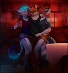  alcohol anthro bar beverage bottle canine clothed clothing ear_piercing feline female fox group inside magenta7 male mammal open_mouth piercing smile standing tongue 