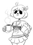  anaugi animated_skeleton black_and_white bone bow breasts cleavage clothed clothing cup english_text eyelashes female hair monochrome monster_girl_gamu not_furry skeleton skelly skirt smile solo text undead 