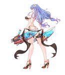  1girl absurdres alternate_costume anchor ass bikini blue_hair bracelet breasts dual_wielding flower full_body g-string hair_flower hair_ornament helena_(zhan_jian_shao_nyu) high_heels highres holding jewelry large_breasts long_hair looking_at_viewer looking_back low_twintails octopus_cat official_art open_mouth orange_eyes panties personification rigging smile solo standing swimsuit thigh_strap thong twintails underboob underwear very_long_hair water water_gun weapon white_background zhan_jian_shao_nyu 