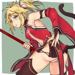  blonde_hair chinese_clothes circlet cosplay detached_sleeves fate/apocrypha fate/grand_order fate_(series) green_eyes i-pan midriff monkey_tail mordred_(fate) mordred_(fate)_(all) navel navel_cutout panties pantyshot short_twintails solo staff sun_wukong sun_wukong_(cosplay) tail thighhighs twintails underwear 