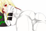  1girl aniki1218 arc_system_works ass blonde_hair blush bodysuit breasts cameltoe from_behind grin guilty_gear guilty_gear_xrd guilty_gear_xrd:_revelator jack-o_(guilty_gear) large_breasts long_hair looking_at_viewer lying multicolored_hair red_eyes red_hair shiny shiny_clothes shiny_hair sideboob skin_tight smile solo 
