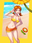  beach bellhenge bikini brown_hair fire_flower flower highres mario_(series) md5_mismatch mismatched_bikini ocean orange_bikini_bottom princess_daisy resized sand short_shorts short_twintails shorts solo super_mario_bros. super_mario_land swimsuit twintails upscaled water yellow_bikini_top 