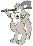  2016 aliasing anthro axe belly breasts canine female fur grey_fur hi_res looking_at_viewer mammal melee_weapon nipples nude puffy_nipples simple_background smile solo standing trout_(artist) weapon white_background wolf 