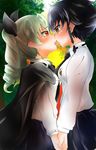  2girls anchovy black_hair blush brown_eyes drill_hair eyes_closed girls_und_panzer green_hair kiss pantyhose pepperoni_(girls_und_panzer) ribbon saliva school_uniform skirt tears tongue white_pantyhose yuri 