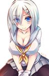  black_legwear blue_eyes breasts cleavage collarbone eyebrows eyebrows_visible_through_hair eyes_visible_through_hair gloves hair_ornament hair_over_one_eye hairclip hamakaze_(kantai_collection) highres kantai_collection large_breasts looking_at_viewer miyabi_urumi necktie pantyhose pleated_skirt school_uniform serafuku short_hair short_sleeves silver_hair skirt solo white_gloves yellow_neckwear 