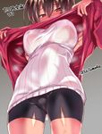  armpits bike_shorts black_hair blush breasts brown_eyes cameltoe clothes_lift from_below glasses large_breasts looking_down original ribbed_sweater solo sweater sweater_lift tokita_monta twitter_username 