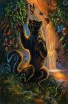  amber_eyes arthropod black_fur black_nose black_panther butterfly day detailed_background feline feral flashw fur insect mammal nude open_mouth outside panther pawpads paws sitting solo teeth tongue water waterfall whiskers 