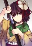  bow commentary_request drawing_sword flower gradient gradient_background hair_flower hair_ornament hieda_no_akyuu janne_cherry japanese_clothes kimono looking_at_viewer obi purple_eyes purple_hair sash scabbard sheath simple_background solo sword touhou unsheathing upper_body weapon wide_sleeves 