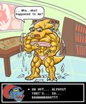  abs alphys biceps clothed clothing eye_patch eyewear female fish glasses growth marine monster muscle_growth muscular muscular_female navel reptile scalie skimpy speech_bubble table torn_clothing undertale undyne video_games 