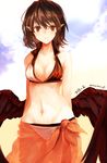  akaiha_(akaihasugk) alternate_costume arms_at_sides bikini black_wings blue_sky breasts brown_hair cloud cowboy_shot day feathered_wings foreshortening highres hips leaf_print looking_at_viewer low_wings medium_breasts navel pointy_ears red_eyes sarong see-through shameimaru_aya short_hair sky smile solo stomach sunlight swimsuit thighs touhou twitter_username white_bikini_bottom wings 