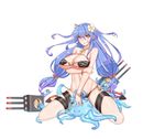  1girl :3 :o absurdres alternate_costume anchor bikini blue_hair blush_stickers bracelet breast_hold breasts earrings flower hair_flower hair_ornament helena_(zhan_jian_shao_nyu) highres jewelry large_breasts looking_at_viewer low_twintails necklace octopus_cat official_art orange_eyes rigging solo straddling strap_lift swimsuit tentacles thigh_strap turret twintails underboob white_background zhan_jian_shao_nyu 
