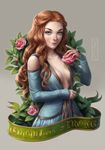  a_song_of_ice_and_fire blue_eyes breasts breasts_apart english flower game_of_thrones highres kotikomori lips logo long_hair long_sleeves looking_at_viewer margaery_tyrell medium_breasts nose pink_flower pink_rose rose simple_background smile solo text_focus upper_body watermark 