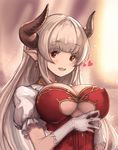  :d alicia_(granblue_fantasy) bangs blush breasts cleavage coppelia_(futamine) draph earrings fingers_together gloves granblue_fantasy heart highres horns jewelry large_breasts long_hair mature open_mouth pointy_ears puffy_short_sleeves puffy_sleeves red_eyes short_sleeves silver_hair smile solo underboob underboob_cutout white_gloves 