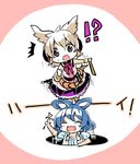  2girls blue_hair blush_stickers brown_eyes brown_hair closed_eyes hole kaku_seiga makuwauri multiple_girls open_mouth ritual_baton smile sweat touhou toyosatomimi_no_miko translated 