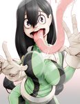  asui_tsuyu black_eyes black_hair bodysuit boku_no_hero_academia breast_press breasts covered_nipples gloves green_bodysuit hair_between_eyes large_breasts long_hair looking_at_viewer materclaws open_mouth saliva solo teeth tongue tongue_out very_long_hair 