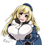  :d atago_(kantai_collection) beret black_gloves blonde_hair blush breast_squeeze breasts commentary_request covered_nipples gloves green_eyes hat kantai_collection large_breasts leaning_forward long_hair long_sleeves looking_at_viewer military military_uniform off_shoulder oohira_sunset open_mouth smile solo uniform upper_body white_background 
