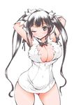  ;) arm_ribbon armpits arms_behind_head arms_up ass_visible_through_thighs bare_shoulders black_eyes black_hair black_ribbon blush breasts cleavage cleavage_cutout closed_mouth commentary_request covered_navel cowboy_shot dress dungeon_ni_deai_wo_motomeru_no_wa_machigatteiru_darou_ka gloves hair_ribbon hestia_(danmachi) highres large_breasts long_hair looking_at_viewer one_eye_closed oohira_sunset rei_no_himo ribbon short_dress sideboob sleeveless sleeveless_dress smile solo twintails white_dress white_gloves 