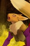  2016 anthro black_nose breasts bridal_gauntlets canine digimon duo eyes_closed female fox fur hattonslayden hi_res inside mammal mostly_nude navel nipples open_mouth renamon solo_focus suggestive teeth tongue tuft white_fur yellow_fur 