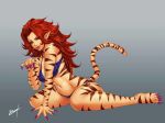  2016 animal_humanoid big_breasts bikini breasts claws clothed clothing feline feline_humanoid female green_eyes hair humanoid karosu-maker kneeling long_hair mammal marvel navel nipple_bulge red_hair simple_background smile solo swimsuit tiger_humanoid tigra toe_claws wide_hips 